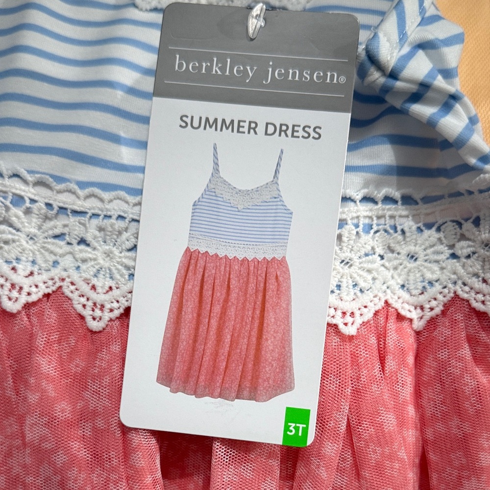 Girls white and Blue Striped Kids Casual Dress with pink tulle bottom 3T - Picture 6 of 7